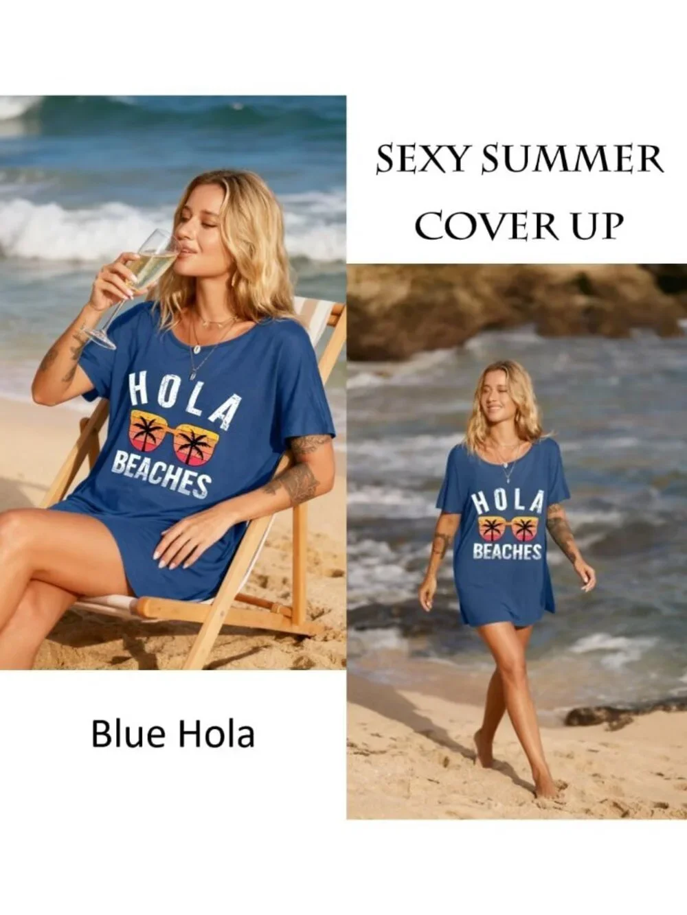 Women's Blue Hola Short Sleeve Cover Ups for Beach Bathing Suit Swimwear